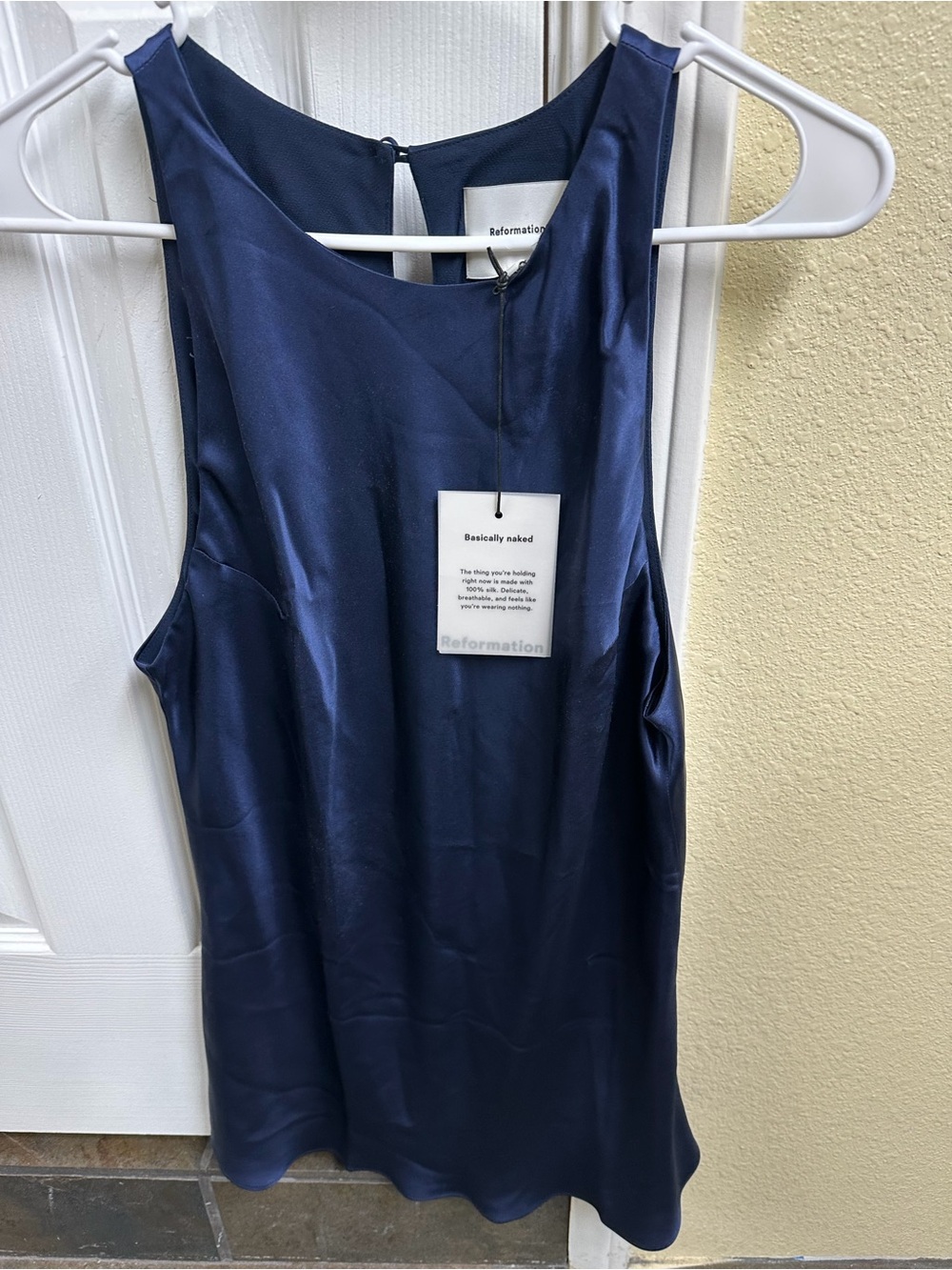 Reformation Navy Satin Slip Camisole